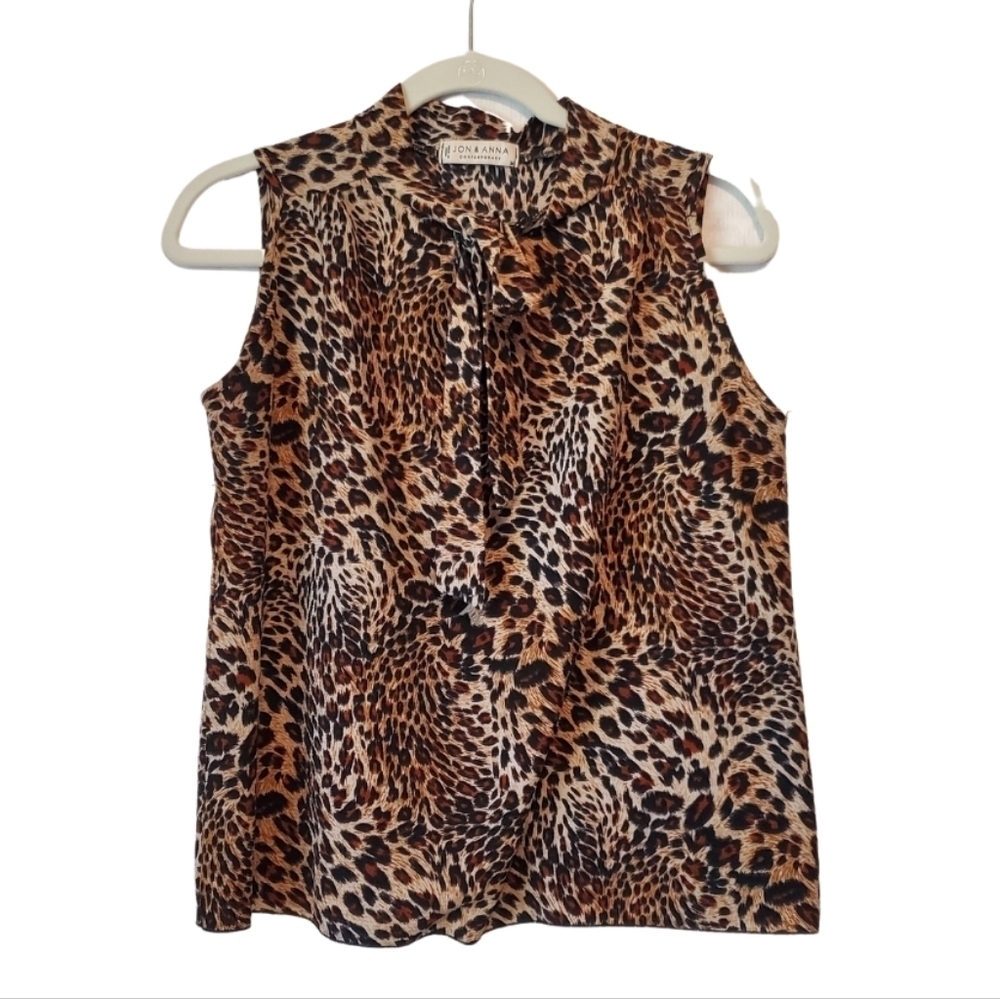 Jon & Anna Leopard Print Sleeveless Tie Neck Blouse M